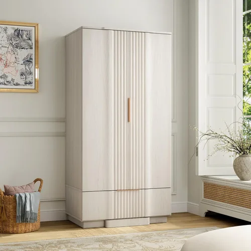 Miniatura 10 de Yechen Armario estriado de 67 pulgadas con puertas y cajón, armario de madera con estante ajustable, armarios pequeños modernos para almacenamiento