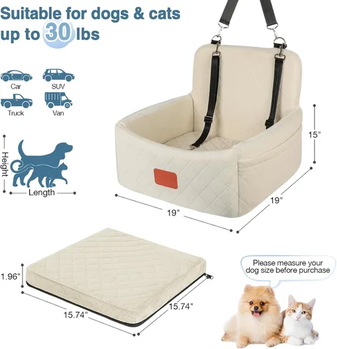 Miniatura 3 de WOOAIDAGG Asiento de coche para perros de menos de 30 libras, relleno cómodo de tela con espuma viscoelástica, cama de viaje para mascotas lavable