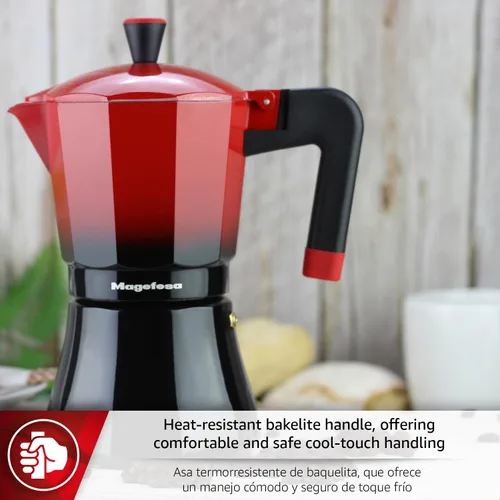 Miniatura 5 de Magefesa Tradicional - Cafetera de café expreso para estufa de 6 tazas, olla italiana, compatible con inducción, acero inoxidable y aluminio, mango