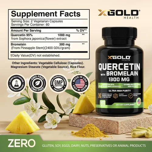 Miniatura 2 de Quercetina + Bromelina 1,300 mg Quercetina: 95% - Altamente purificada y altamente biodisponible más bromelina 2,400 GDU/g - Hecho en Estados Unidos
