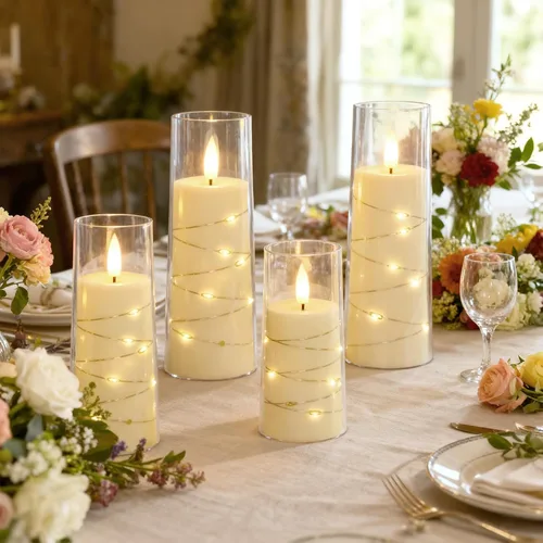 Miniatura 2 de Raycare Vela sin llama con temporizador remoto, 7 velas LED de acrílico parpadeantes con cuerda de estrella integrada para Navidad, boda, decoración
