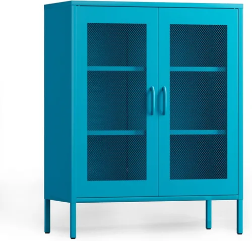 Miniatura 7 de COFaR Armario de almacenamiento de metal con puertas de malla, armario de metal negro con estantes, soporte corto de TV para barra de café, aparador