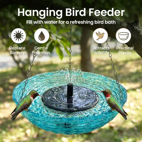 Miniatura 2 de Fuente de baño colgante para pájaros en cascada solar, fuente de agua al aire libre en cascada con agua que fluye, bañera colgante para pájaros