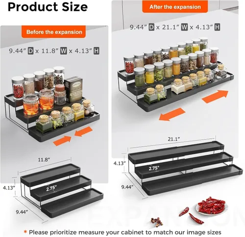 Miniatura 2 de Organizador de especias expandible – Organizador de especias ajustable de 3 niveles para gabinete y encimera – Fácil visibilidad – Negro