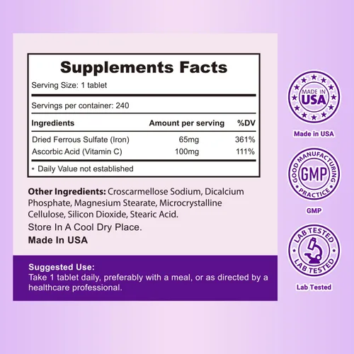 Miniatura 9 de Heivy Suplemento de hierro sulfato ferroso de 325 mg con vitamina C, 240 tabletas veganas (suministro para 8 meses) – 65 mg de hierro elemental