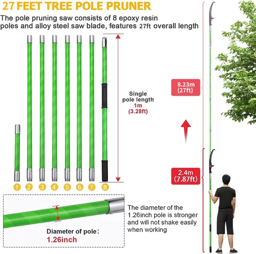 Miniatura 4 de Podadora de poste de árbol de 27 pies, ramas manuales, recortadora, rama de árbol, herramientas de jardín, sierras de poste de mano, altura