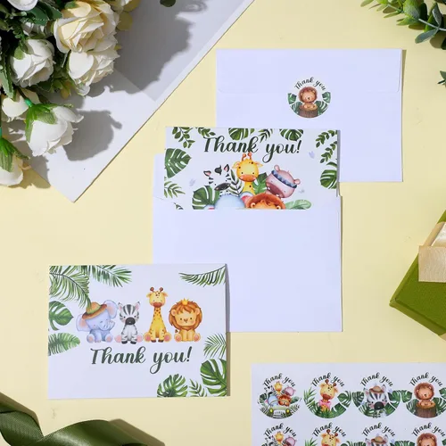 Miniatura 6 de Yeaqee 100 tarjetas de agradecimiento de la selva de safari con sobres, calcomanías de animales del bosque, tarjetas de felicitación de vegetación