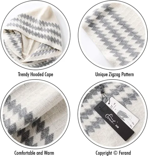 Miniatura 4 de Ferand Suéter poncho de punto con capucha y rayas en zigzag para mujer con flecos