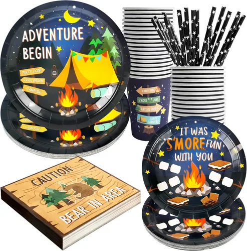Recheel Suministros para fiestas de camping y decoración, juego de platos y servilletas de papel con temática de fogata, caminata y campamento para