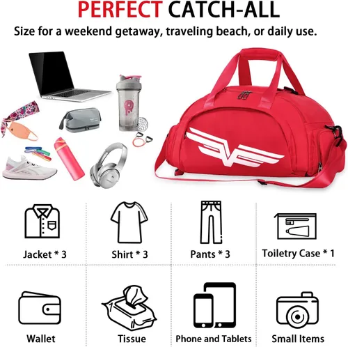 Miniatura 6 de FIORETTO Bolsa de deporte para hombre con bolsillo húmedo y compartimento para zapatos, ideal para viajes, gimnasio, deportes, natación, B-rojo