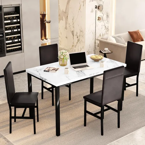 Miniatura 5 de Juego de 4 mesas de comedor para 4, juego de 4 mesas y sillas de cocina de mármol sintético, juego de mesa de comedor moderno con 4 sillas de cuero