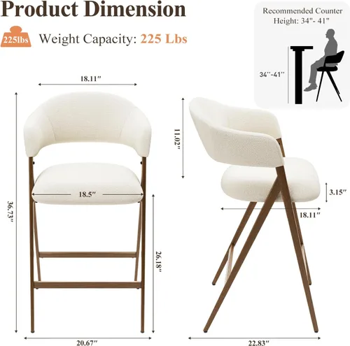Miniatura 2 de COLAMY Juego de 2 taburetes de bar de 26 pulgadas de altura de mostrador con respaldo, sillas de bar tapizadas modernas con patas de metal para Beige