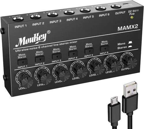 Miniatura 9 de Mezclador de audio Moukey, DC 5V, 8 canales estéreo ultra, mezclador de línea de 8 canales de bajo ruido para sub-mezcla, para pequeños clubes