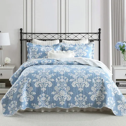Miniatura 13 de Juego de edredón 100% algodón tamaño Queen de 3 piezas, edredón floral de damasco con 2 fundas, colcha acolchada floral vintage, ropa de cama ligera