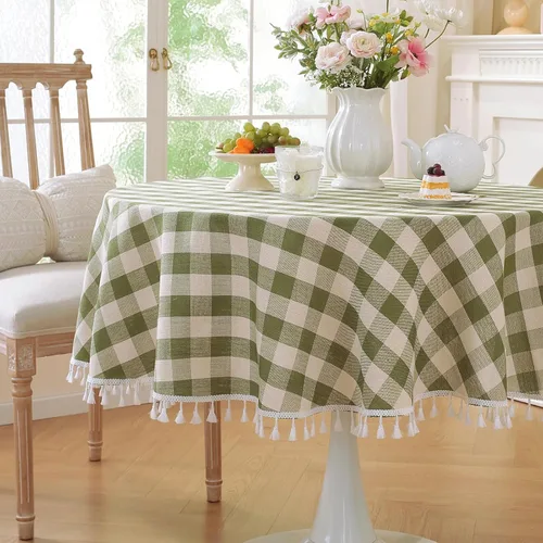Laolitou Mantel redondo a cuadros verde, de lino y algodón, con borla, a cuadros de búfalo, lavable, mantel de gingham para sala de estar, color