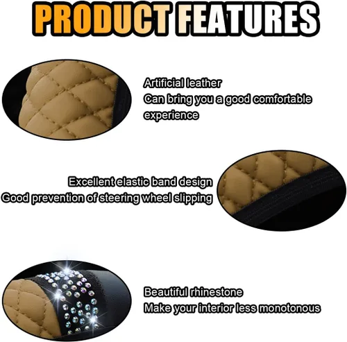 Miniatura 4 de Funda de cuero suave para volante, 15 pulgadas, con diamantes de imitación coloridos y elásticos para mujeres y niñas, accesorios de automóvil