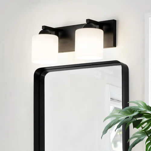 Miniatura 15 de mirrea Lámpara de tocador negra de 1 luz para espejo, aplique de pared de baño con pantallas de vidrio blanco esmerilado