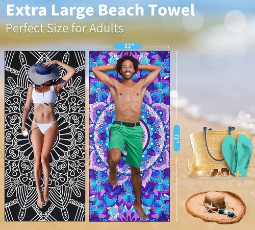 Miniatura 52 de Paquete de 2 toallas de playa ligeras y delgadas de gran tamaño de 71 x 32 pulgadas, toallas grandes de microfibra extra grandes sin arena