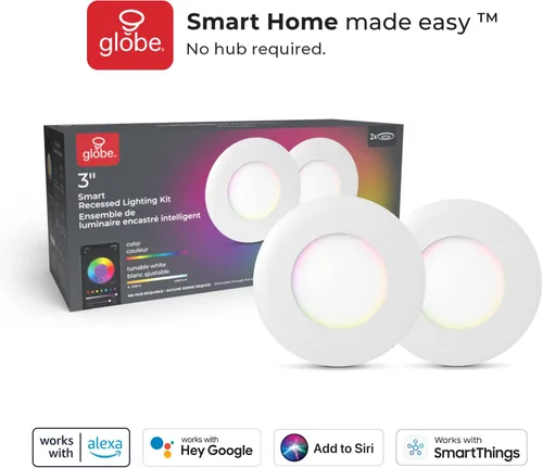 Miniatura 13 de Globe Electric 50466 Kit de iluminación empotrable LED ultra delgada de 3 pulgadas, no requiere concentrador, activado por voz, 7 W, RGB cambiante