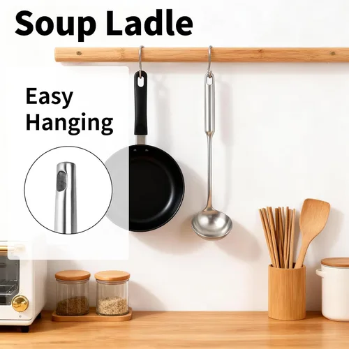 Miniatura 5 de TBWHL Cucharón de Sopa de Metal 34 cm de Acero Inoxidable 304 con Mango Largo - Cucharón de Cocina Profesional con Mango Ergonómico y Equilibrio