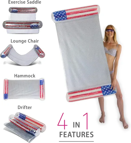 Miniatura 4 de POZA Flotador inflable de piscina de Estados Unidos – Lujosa tumbona divertida llena de confeti de estrellas plateadas brillantes, diseño de bandera