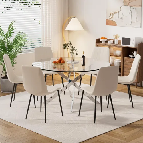 Miniatura 14 de Moderno juego de mesa redonda de vidrio para 4, 36 pulgadas, pequeña base negra de vidrio templado con 4 sillas de comedor minimalistas beige, juego