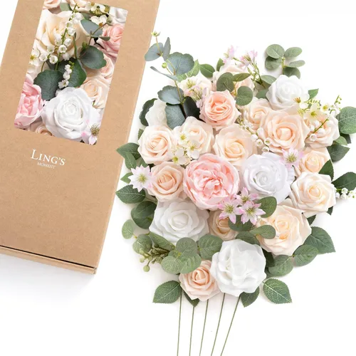 Miniatura 15 de Ling's moment Caja de Flores Falsas, Tallos de Vegetación Artificial Falsa, Rosas de Espuma, Gardenias, Hortensias de Seda, Ranúnculos, Flor de Tela