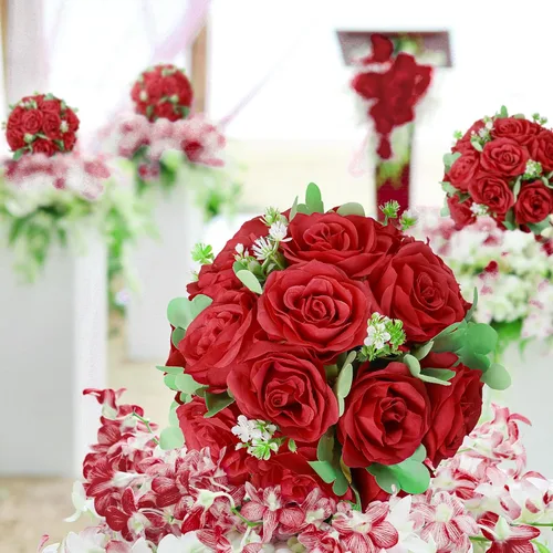 Miniatura 7 de 10 centros de mesa de bola de flores artificiales para bodas, bolas de beso, rosas de seda rojas, arreglos florales románticos para compromiso