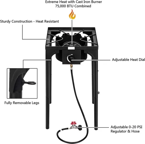 Miniatura 3 de Estufa de propano de un solo quemador - Quemadores de gas al aire libre para cocinar al aire libre, cocinar, con pierna desmontable, 75000 BTU 1