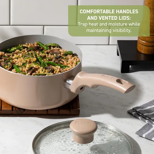 Miniatura 5 de T-Fal Refresh - Juego de batería de cocina antiadherente de cerámica, juego de ollas y sartenes de cerámica de 12 piezas, incluye olla grande, Gris