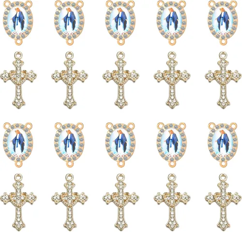 Miniatura 11 de Juego de 20 piezas de conectores de medalla de santos católicos con diamantes de imitación y dijes de cruz de cristal para suministros religiosos