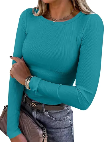 Miniatura 26 de ANRABESS - Camisetas de manga larga para mujer, de punto acanalado, ajustadas, básicas, 2025, informales, para usar a capas o debajo del uniforme