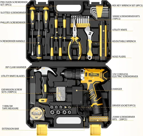 Miniatura 8 de Sundpey Kit de herramientas para el hogar con taladro – Juego de herramientas de reparación general básica para el hogar con taladro eléctrico