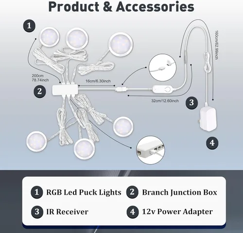 Miniatura 4 de Cefrank Paquete de 6 luces de disco inteligentes WiFi para debajo del gabinete, kit de iluminación 2700K-6000K, regulable, control remoto