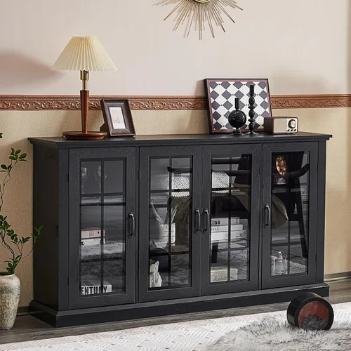 AMERLIFE Aparador de 63 pulgadas, 6 estantes ajustables con 4 puertas, credenzas de almacenamiento para comedor, sala de estar, negro clásico