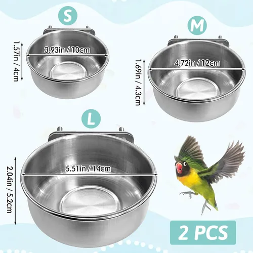 Miniatura 2 de PINVNBY 2 piezas cuencos de acero inoxidable para pájaros, cuencos para agua y alimentos con soporte de abrazadera, comedero de pájaros, tazones