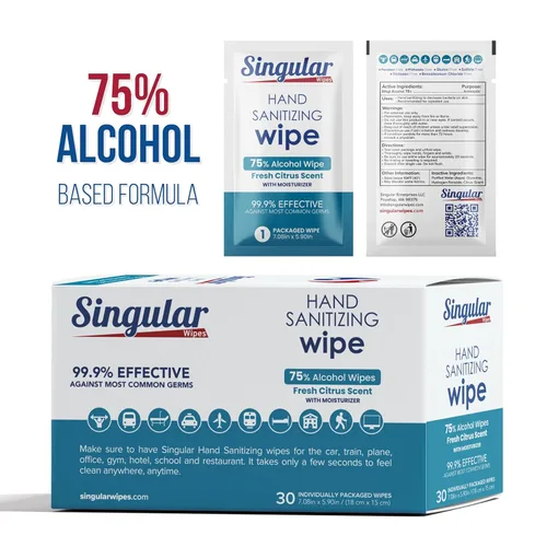Miniatura 2 de Singular Wipes - Toallitas desinfectantes para manos, tamaño de viaje, 30 unidades envueltas individualmente, aroma cítrico fresco, hidratante
