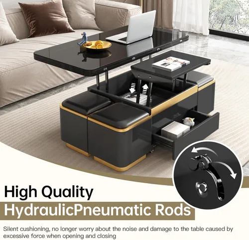 Miniatura 8 de Guyii Mesa de centro elevable con taburetes de almacenamiento, mesa central multifuncional negra con cajones, moderna mesa de comedor extensible