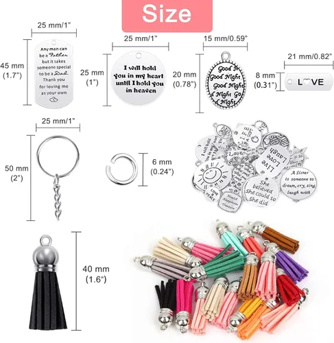 Miniatura 4 de Audab Juego de 350 Piezas de Accesorios de Llaveros Motivacionales con 50 Dijes de Palabras Inspiradoras Grabadas, 50 Borlas de Llavero de Cuero, 50