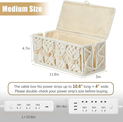 Miniatura 5 de Caja de Gestión de Cables Hecha a Mano de Macramé Organizador de Almacenamiento de Cables Regletas de Corriente Enchufes Router Adaptador Ocultador