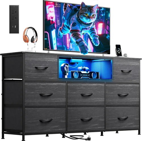 WLIVE Soporte de TV negro para TV de 50, 55, 65 pulgadas, centro de entretenimiento con luces LED y estación de carga, cómoda con 8 cajones de tela
