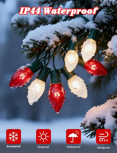Miniatura 4 de Luces de Navidad C9 rojas y blancas de 25 pies, cadena de luces de Navidad C9 impermeables con 26 bombillas rojas y blancas, luces de Navidad Luz