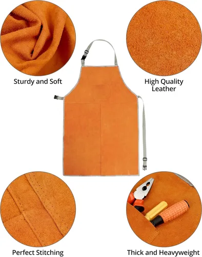 Miniatura 2 de QWORK Delantal y mangas de soldadura, juego de protectores de trabajo de soldadura, taller de trabajo de cuero resistente al calor y al fuego, ropa