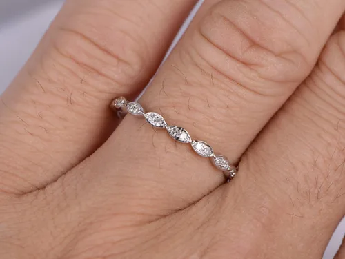 Miniatura 5 de Diamantes naturales, anillo de boda de media eternidad, oro blanco sólido de 14 quilates, anillo de aniversario, estilo marquesa Art Deco