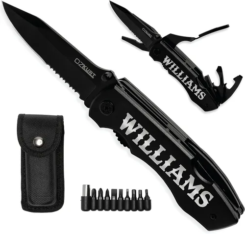 Miniatura 4 de Cuchillo multiherramienta personalizado con nombre grabado en 20 fuentes, cuchillo de alicates multiherramienta 9 en 1 con alicates, juego