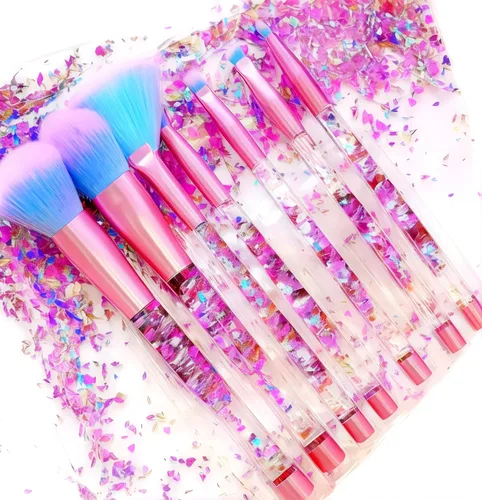 Juego de brochas de maquillaje de unicornio, con brillos de cristal azul, para polvos de colorete, polvos de labios, sombra de ojos, cejas y mezcla