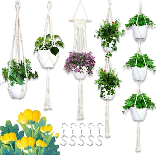 IGaiety Colgador de macramé para plantas, 5 piezas de soportes colgantes para plantas para interiores y exteriores, colgadores de plantas hechos a
