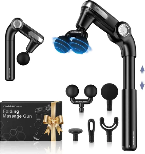 KingPavonini Pistola de masaje plegable con cabeza de doble bola, cabeza ajustable y mango extensible, pistola de masaje de espalda de mano de