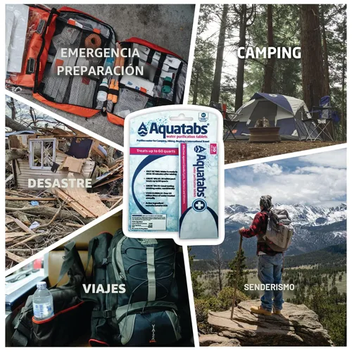 Miniatura 5 de Aquatabs Tabletas de purificación de agua de 49 mg (paquete de 30). Purificador de agua portátil para artículos esenciales de campamento,