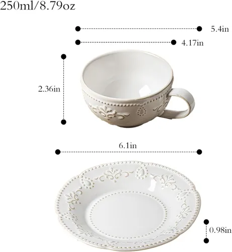 Miniatura 3 de Tazas de capuchino de 6 onzas con platillos, apto para inauguración de la casa, taza de café de cerámica en relieve para Au Lait, doble shot, latte